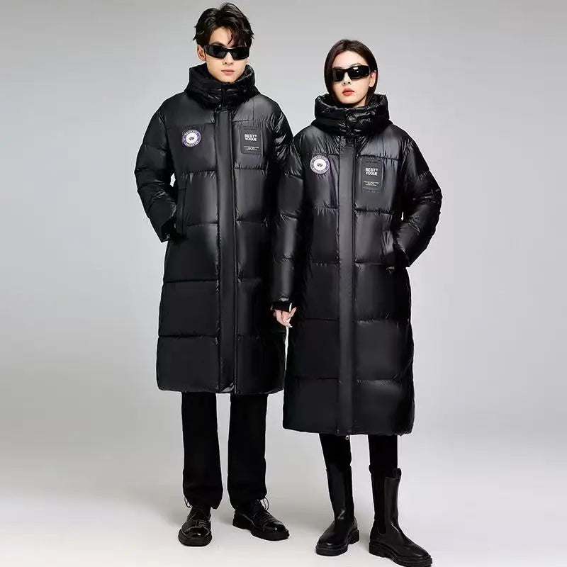 Unisex Langer Steppmantel Schwarz mit Kapuze und Reißverschluss, Wintermantel für Damen & Herren