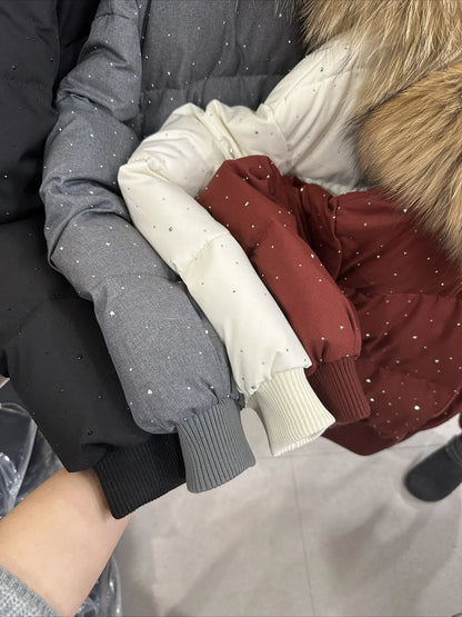 Damen Steppjacke mit Fellkapuze Glitzer-Details Winterjacke