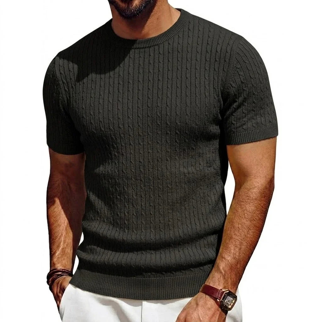 Herren Kurzarm Pullover Rundhals Strick mit Zopfmuster Marineblau