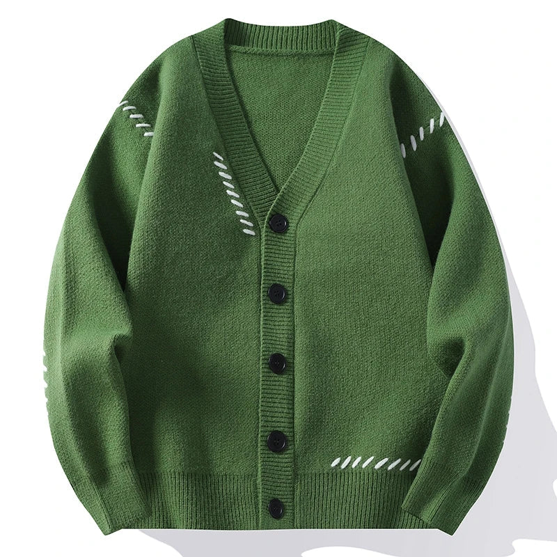 Strickjacke Herren V-Ausschnitt Cardigan mit Stichmuster Grün Schwarz Weiß Beige