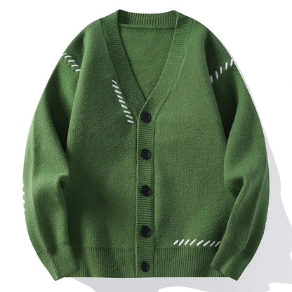 Strickjacke Herren V-Ausschnitt Cardigan mit Stichmuster Grün Schwarz Weiß Beige