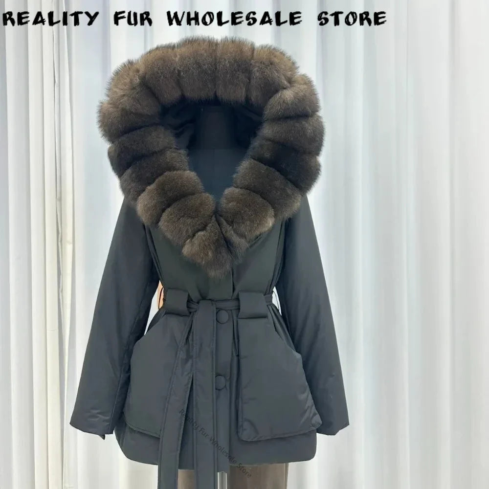 Damen Winterjacke mit Fellkapuze und Bindegürtel, Schwarz