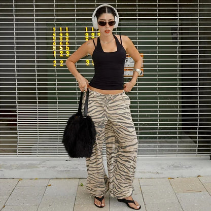 Damen Locker Geschnittene Hose mit Zebramuster Print und Kordelzug