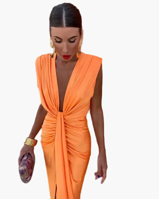 Damen Elegantes Abendkleid mit Tiefem Ausschnitt und Drapierung – Perfekt für Feste & Besondere Anlässe