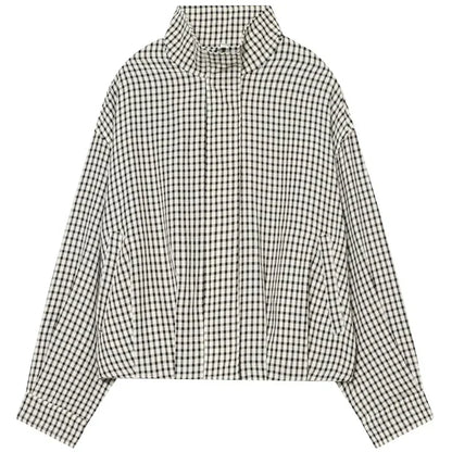 Damen Karo Hemd Stehkragen Oversize Bluse Lange Ärmel