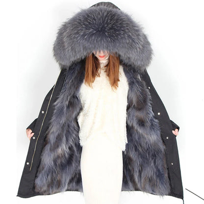 Damen Winterparka Schwarz mit Pelzbesatz Kapuze Lang