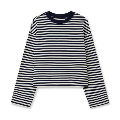 Gestreiftes Langarm Cropped Top Rundhals Damen