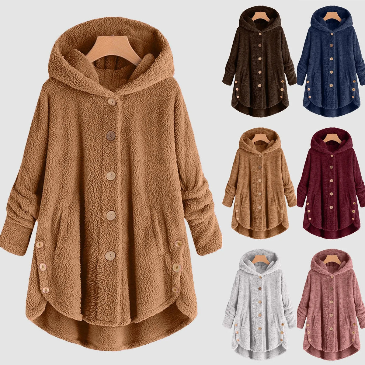 Damen Kuschelige Kapuzenjacke aus Fleece mit Holzknöpfen
