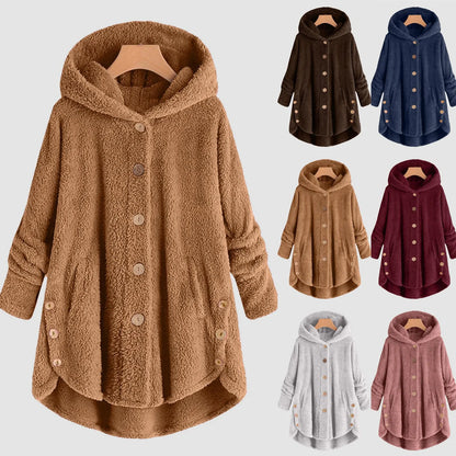 Damen Kuschelige Kapuzenjacke aus Fleece mit Holzknöpfen