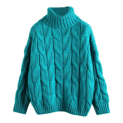 Damen Rollkragenpullover Gelb Strick Zopfmuster Oversized