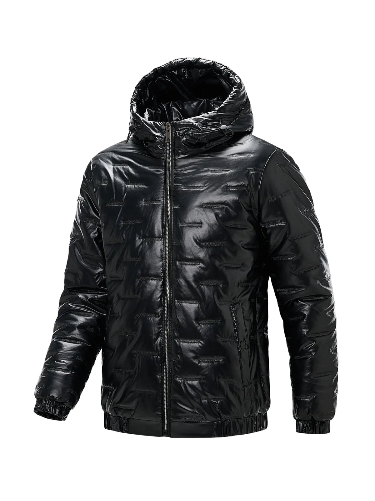 Schwarze glänzende Steppjacke Herren mit Kapuze und Reißverschluss