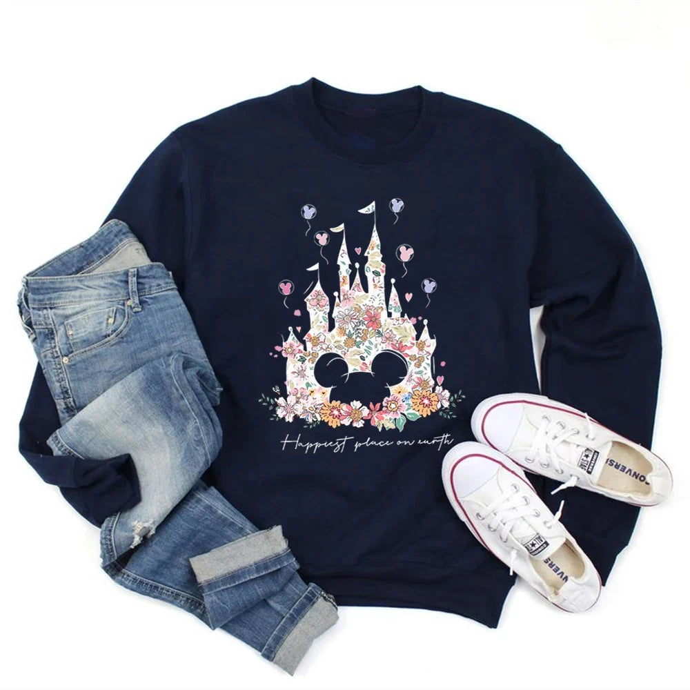 Damen Sweatshirt mit Blumen Schloss Motiv und "Happiest Place on Earth" Aufdruck