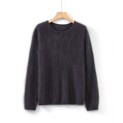Damen Pullover flauschig weich Rundhalsausschnitt Langarm Strickpullover