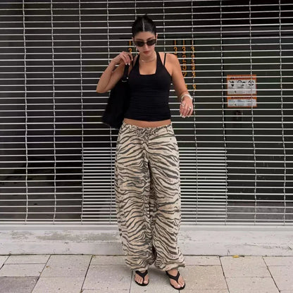 Damen Locker Geschnittene Hose mit Zebramuster Print und Kordelzug