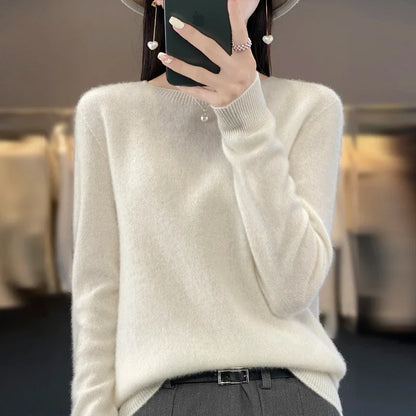 Damen Pullover Rundhals Langarm Strickpullover Weich Unifarben