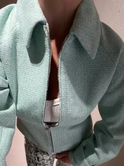 Damen Kurzjacke mintgrün mit Reißverschluss Kragen Tweed-Optik