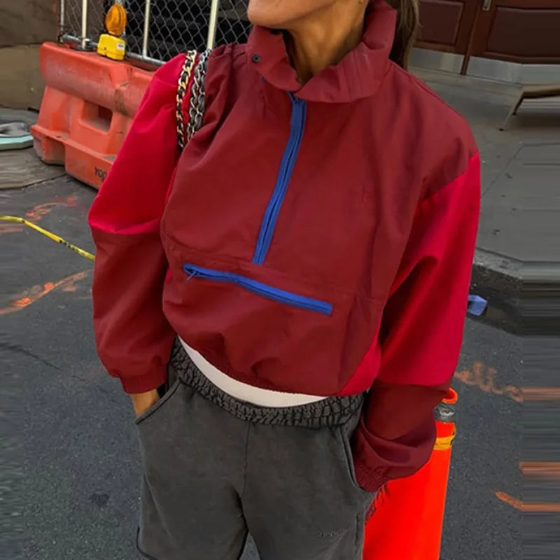 Damen Kurz Windbreaker Jacke Sportlich Halb-Reißverschluss Color Block