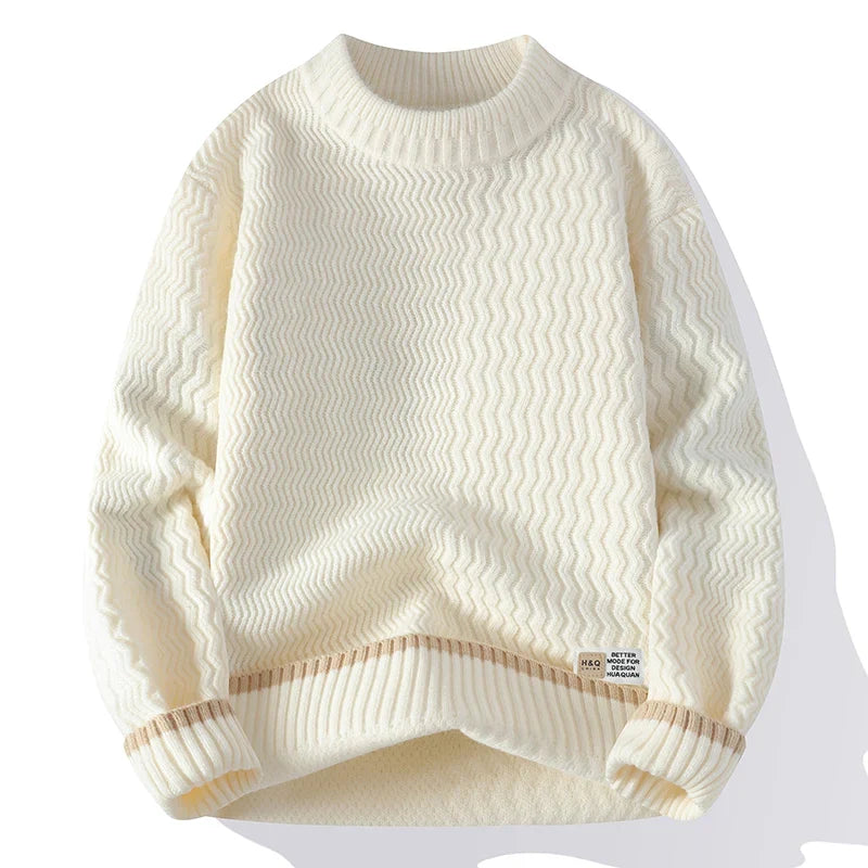 Unisex Rollkragenpullover mit Wellenmuster und Kontraststreifen – Gemütlicher Strickpullover