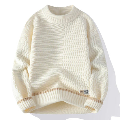 Unisex Rollkragenpullover mit Wellenmuster und Kontraststreifen – Gemütlicher Strickpullover