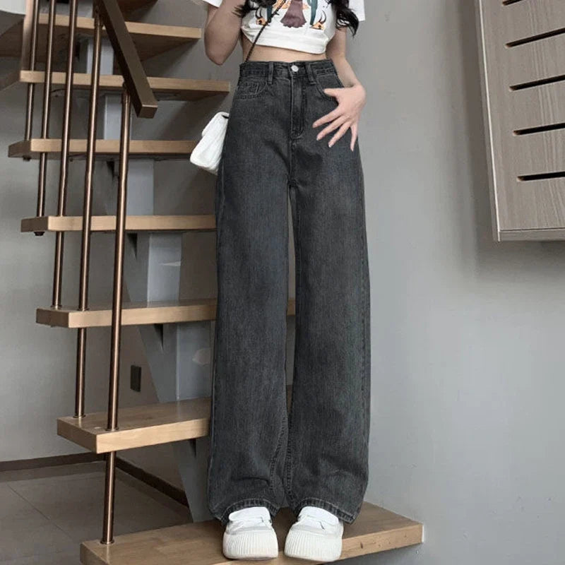 Damen Jeans High Waist Weites Bein Straight Fit