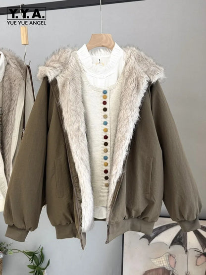 Damen Bomberjacke mit Kapuze und Kunstfellbesatz