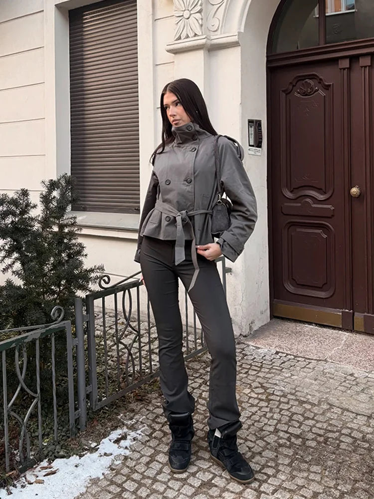 Damen Kurzjacke Trench-Stil Doppelreiher mit Bindegürtel Stehkragen