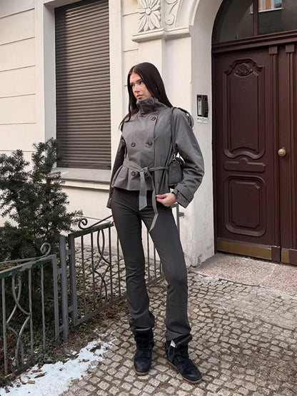 Damen Kurzjacke Trench-Stil Doppelreiher mit Bindegürtel Stehkragen