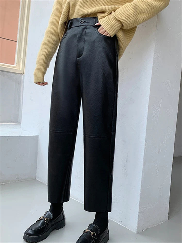 Damen Hose im Leder-Look, weites Bein, Schwarz oder Burgunderrot