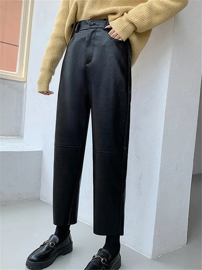 Damen Hose im Leder-Look, weites Bein, Schwarz oder Burgunderrot