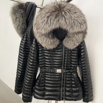 Damen Steppjacke Schwarz mit Pelzkragen & Gürtel, winterliche Outdoor-Jacke mit Reißverschluss