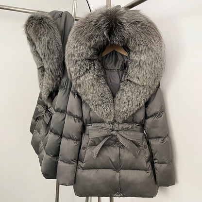 Damen Winter Steppjacke mit Kunstpelzkragen und Gürtel