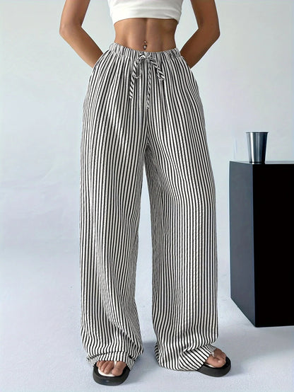 Damen Weite Hosen Schwarz Weiß Gestreift Kordelzug Hohe Taille