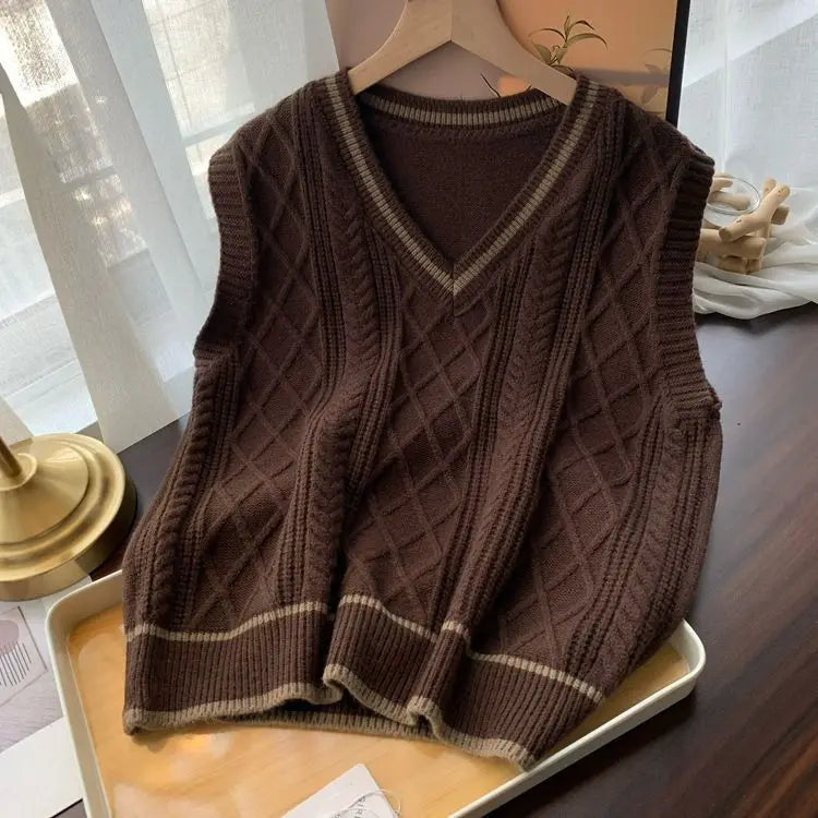Strick Weste Damen V-Ausschnitt Zopfmuster College-Stil Ärmelloser Pullover