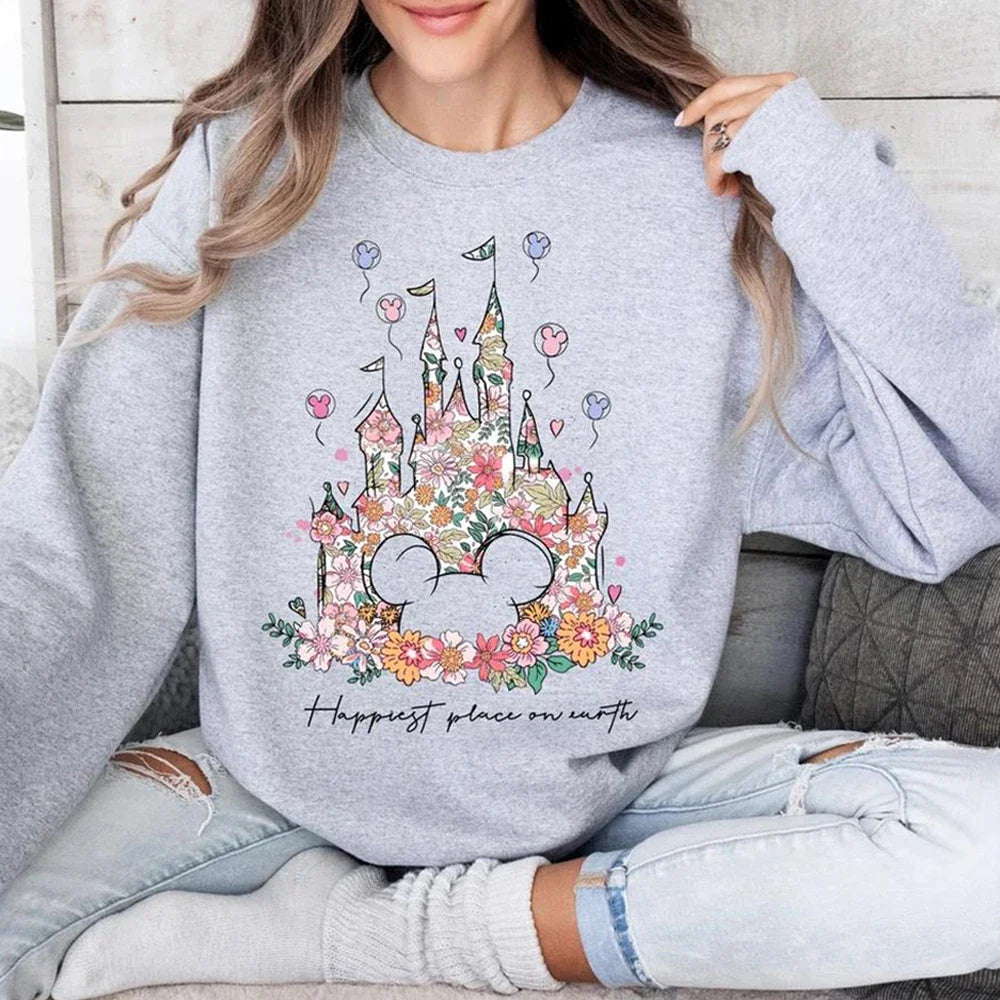 Damen Sweatshirt mit Blumen Schloss Motiv und "Happiest Place on Earth" Aufdruck