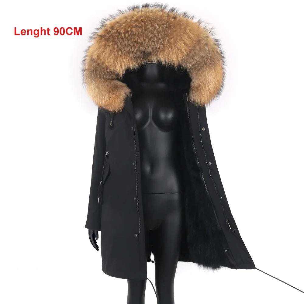 Damen Winterparka Schwarz mit Pelzbesatz Kapuze Lang