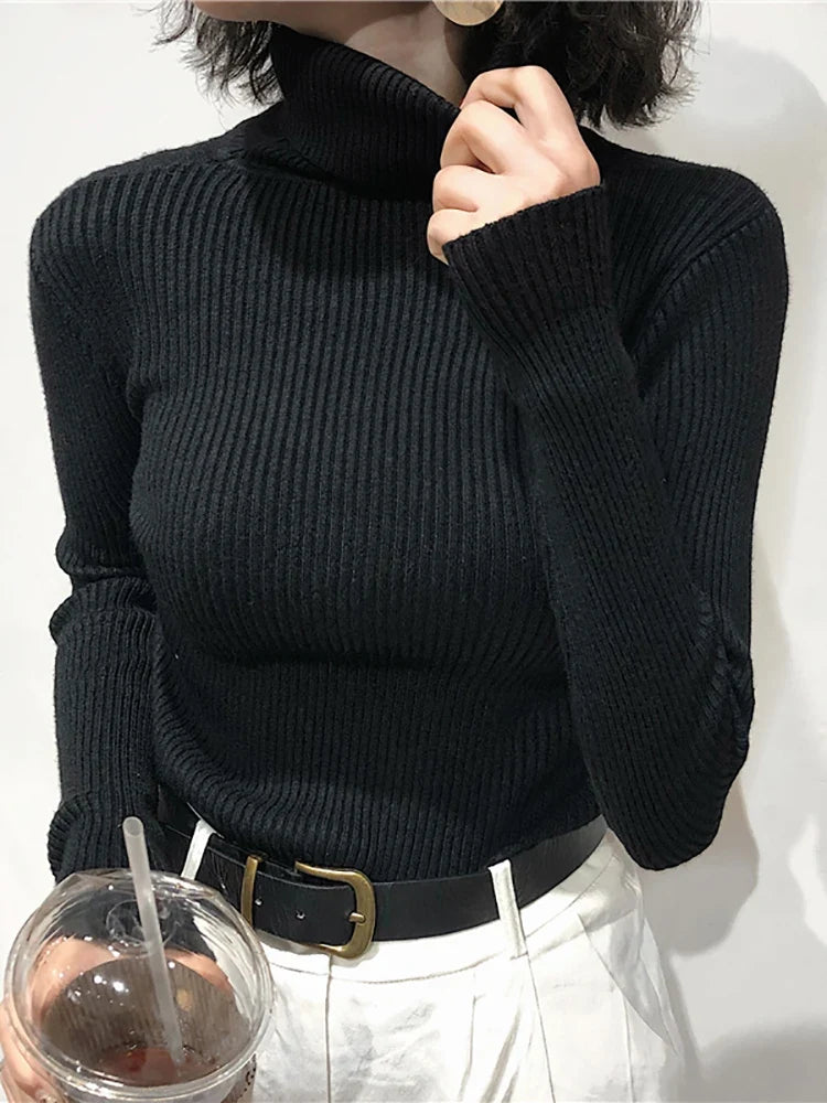 Damen Rollkragenpullover Gerippt Langarm Strickpullover