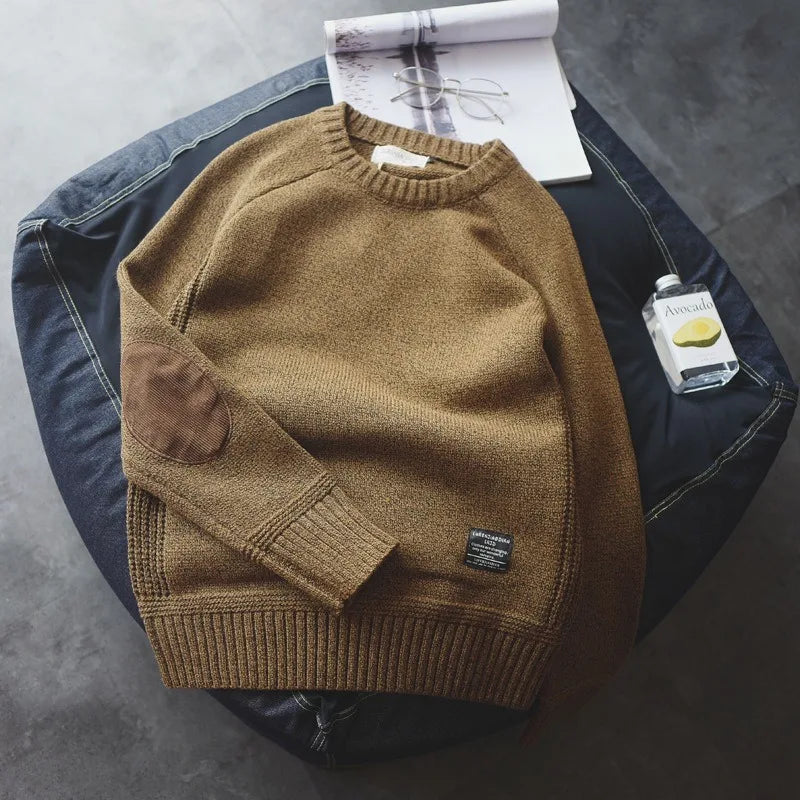 Herren Pullover Rundhals mit Ellbogen-Patches Rippbündchen Strickmuster