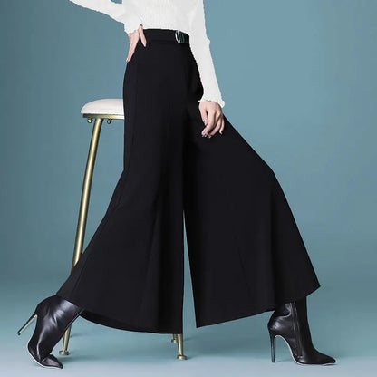 Damen Culottes Weite Hose Hoher Bund Schwarz mit Gürtel