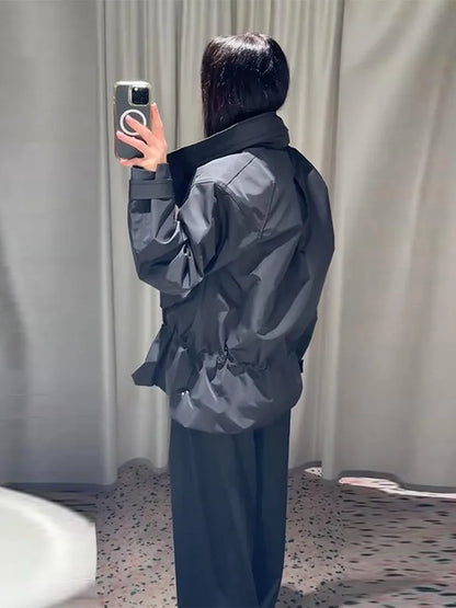 Damen Stehkragen Jacke mit Kordelzug in Schwarz Oversize-Passform