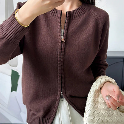 Damen Strickjacke mit Reißverschluss, Langarm, Rundhals