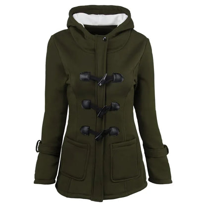 Damen Dufflecoat Jacke mit Kapuze und Knebelverschlüssen, warm gefüttert
