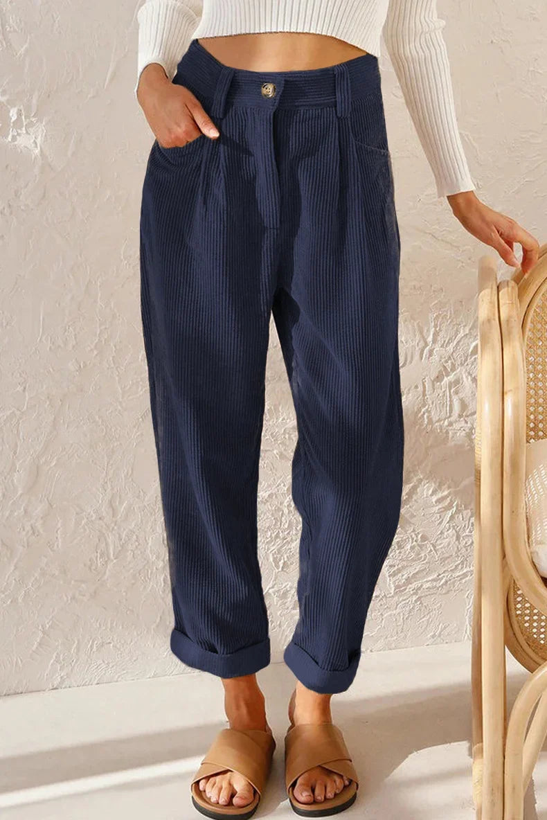 Damen Cordhose Plissee High Waist Cropped-Hose mit Falten
