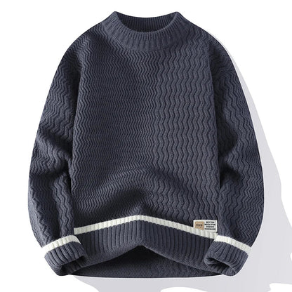 Unisex Rollkragenpullover mit Wellenmuster und Kontraststreifen – Gemütlicher Strickpullover