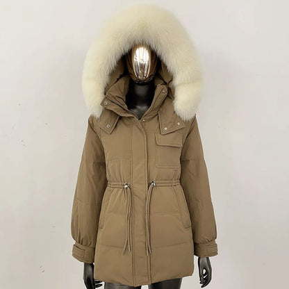 Damen Winter Parka mit Kapuze und Fellkragen Tunnelzug Weiß