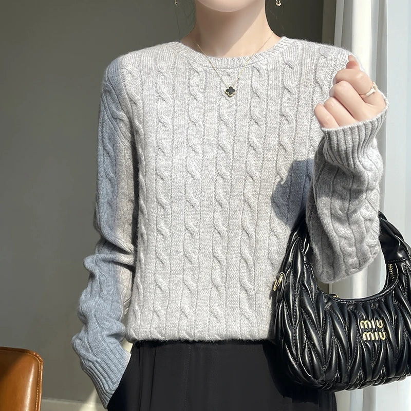 Damen Strickpullover Zopfmuster Rundhals Langarm