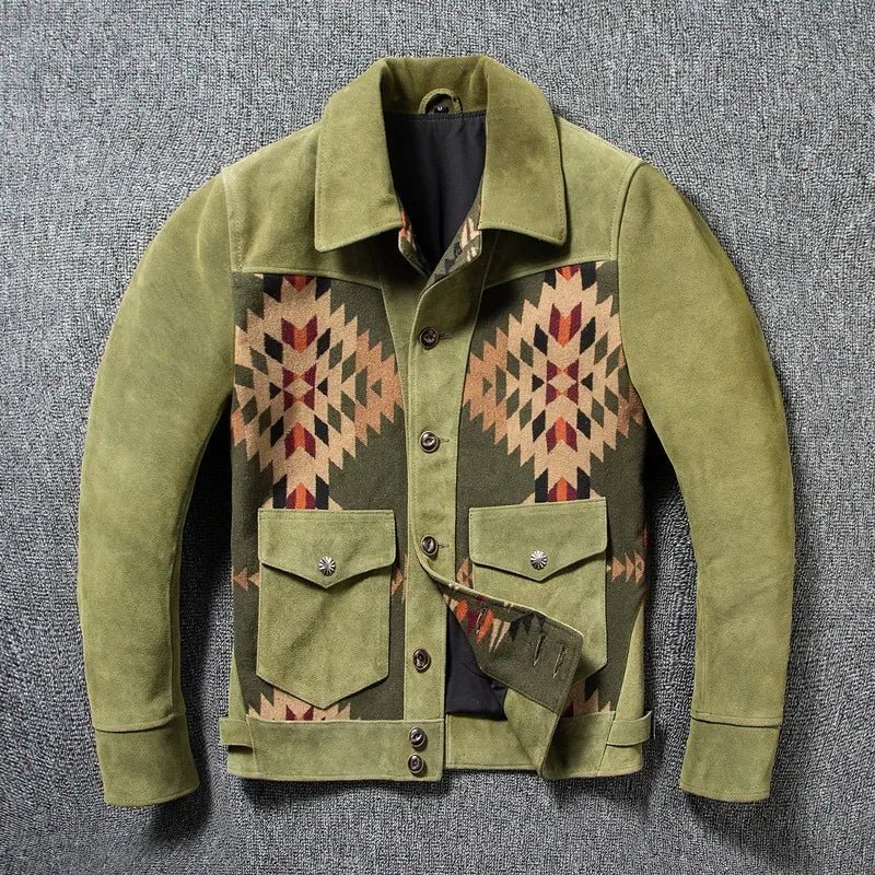 Herren Jacke im Western-Stil mit geometrischem Muster, Umlegekragen und Taschen