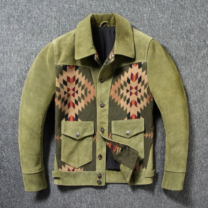 Herren Jacke im Western-Stil mit geometrischem Muster, Umlegekragen und Taschen