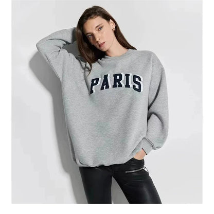 Damen Oversize Sweatshirt Rundhals Grau mit „PARIS“-Schriftzug