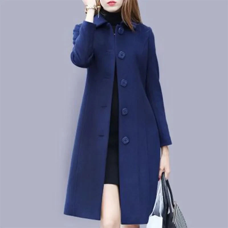 Damen Langer Mantel mit Knopfleiste in Marineblau
