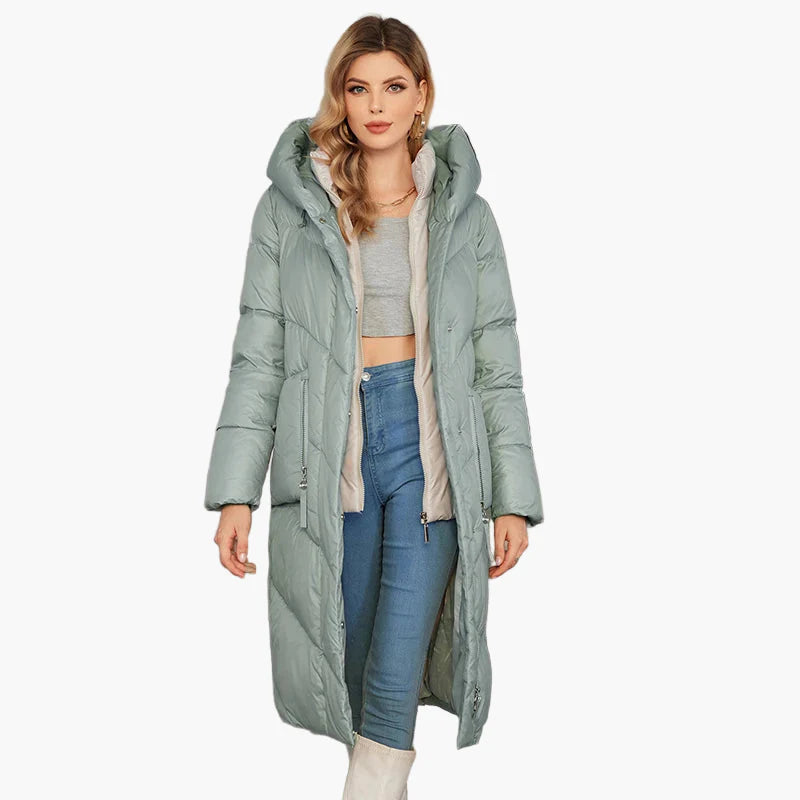 Damen Winter Steppmantel mit Kapuze, langer Daunenstil, modisch und warm für Alltag & Freizeit